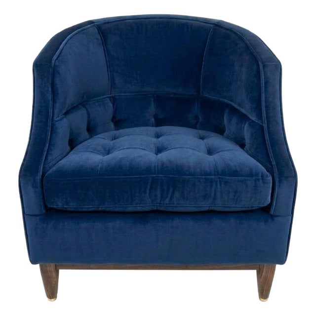Tufted, Barrel-Style Armchair Upholstered in a Royal Blue Velvet Fabric For Sale