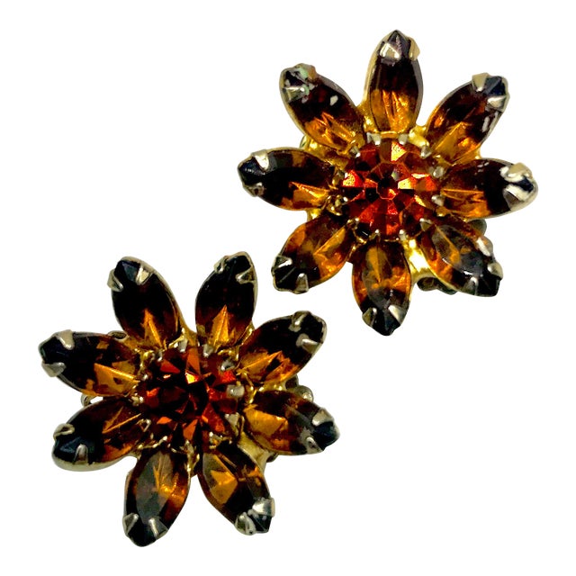 1950s Signed Weiss Crystal Flower Clip Earrings - 2 Pieces For Sale