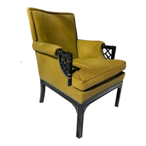Chinoiserie Upholstered Armchair With Faux Bamboo and Fretwork Arms