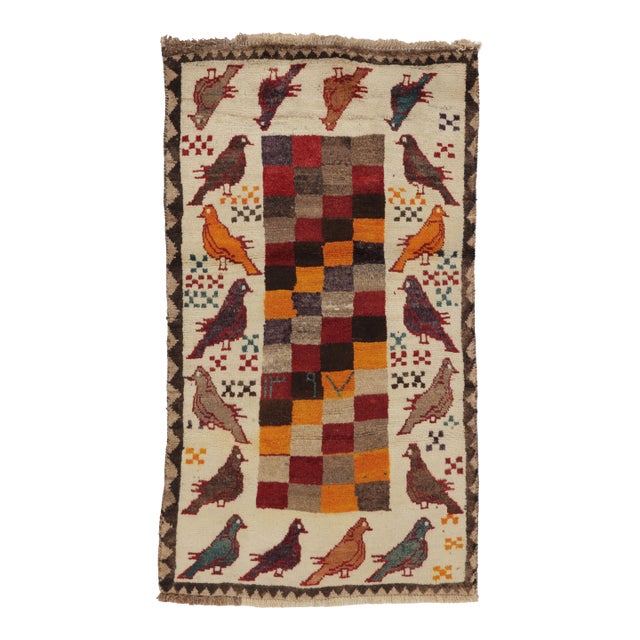 Vintage Persian Gabbeh Rug, Checkerboard and Bird Pictorials - Rug & Kilim For Sale
