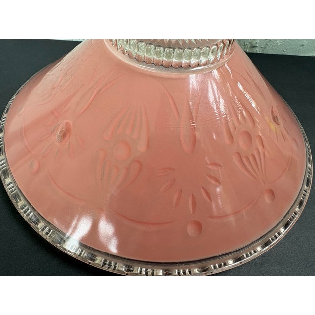 Pink Vintage Art Deco Pink Satin Glass Ceiling Light Shades, Floral Relief, Circa 1935–1945 - a Pair For Sale - Image 8 of 12