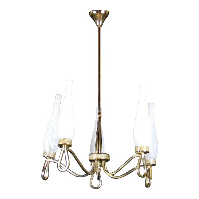 Maison Arlus, Brass and White Opaline Chandelier Mid-Century France For Sale