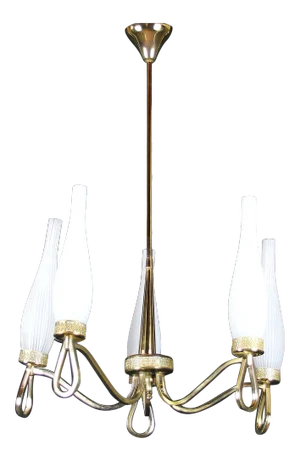 Maison Arlus, Brass and White Opaline Chandelier Mid-Century France