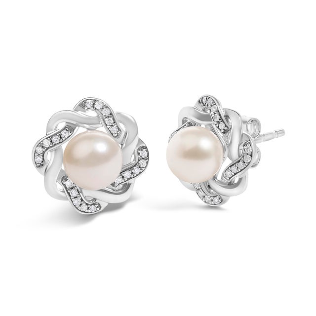 Contemporary Sterling Silver Pearl and 1/10 Cttw Diamond Floral Twist Stud Earrings For Sale - Image 3 of 4