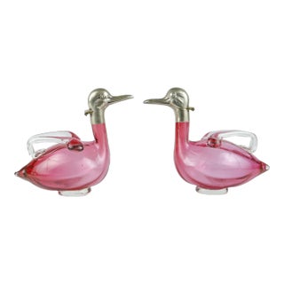 Pair of 1960s Silver-Plated and Deep Cranberry Pink Glass Figural Duck Claret Jugs, Czech Republic For Sale