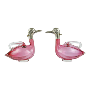 Pair of 1960s Silver-Plated and Deep Cranberry Pink Glass Figural Duck Claret Jugs, Czech Republic