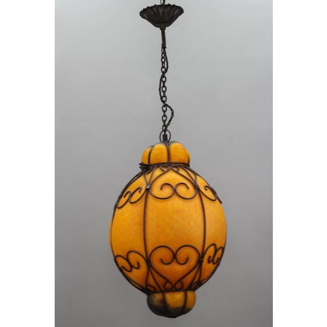 Venetian Style Pâte de Verre Glass Metal Caged Lantern Pendant Light For Sale - Image 14 of 18