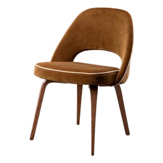 Saarinen Executive Armless Dining Chairs in Cognac & Créme Cotton Velvet, Walnut Legs For Sale