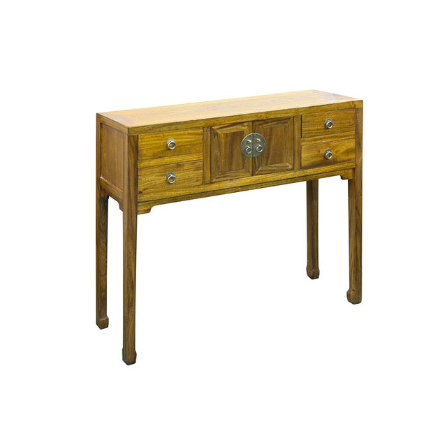 Asian Honey Brown 4 Drawers Slim Narrow Console Side Foyer Table For Sale - Image 3 of 13