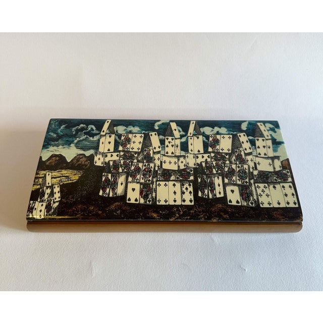Vintage poker playing card game set box, screen print on wood, with two decks of vintage cards, six dices and chips /...