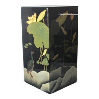 Asian Floral Lacquer Stool Pedestal Side Table For Sale