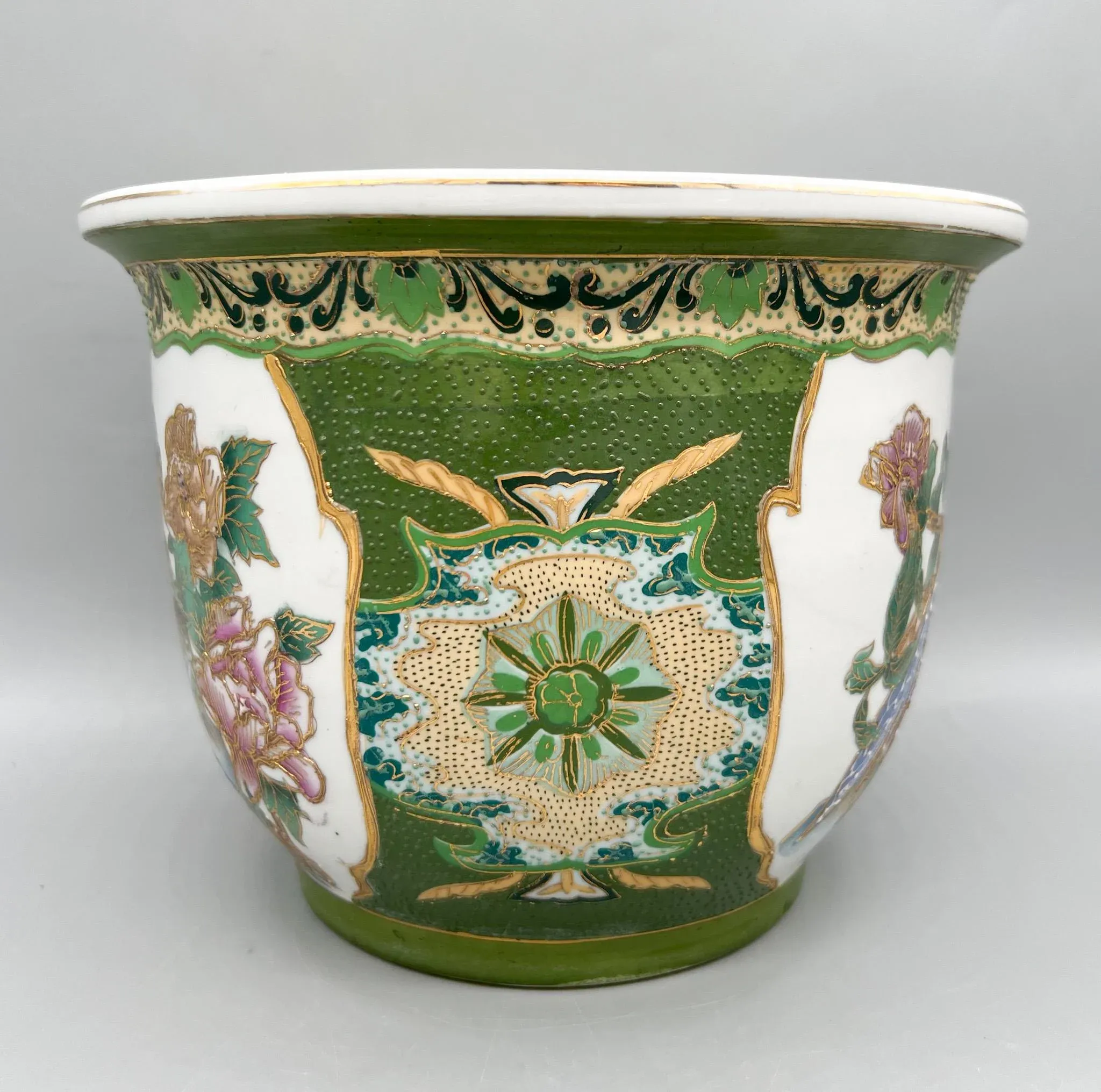 Vintage Chinese Green & White Bird Motif Fish Bowl Planter  Porcelain  Garden Pot