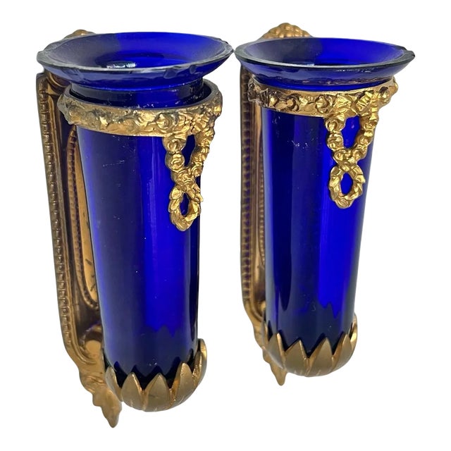 Antique Late 19th Exquisite Louis Philippe French Wall Sconces With Sèvres-Style Cobalt Blue Glass Vases Gilded Ormolu Mounts, a Pair For Sale