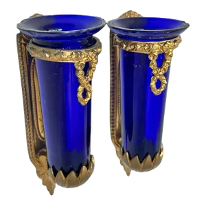 Antique Late 19th Exquisite Louis Philippe French Wall Sconces With Sèvres-Style Cobalt Blue Glass Vases Gilded Ormolu Mounts, a Pair