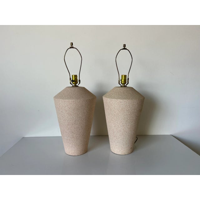 Mid-Century Modern 80's Postmodern Beige Ceramic Table Lamps - a Pair For Sale - Image 3 of 11