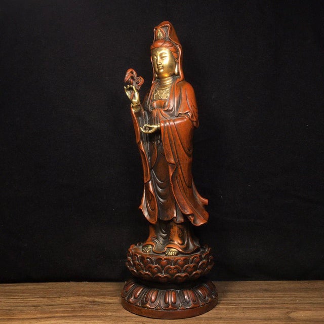 Late 20th Century Vintage Gilded Bronze Standing Guanyin Bodhisattva on Lotus Base For Sale - Image 5 of 9