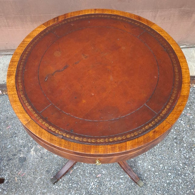 Wood Early 20th Century Georgian Style Tooled Leather Inset Mahogany Drum Table For Sale - Image 7 of 10