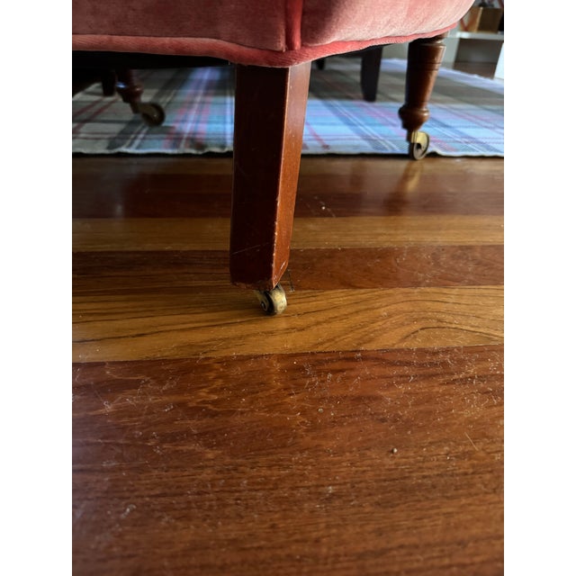 Vintage Pink Velvet Slipper Chair Features a Rounded Back and Mahogany Legs With Casters, Similar Style to French Louis XVI Accent Seating For Sale - Image 4 of 6