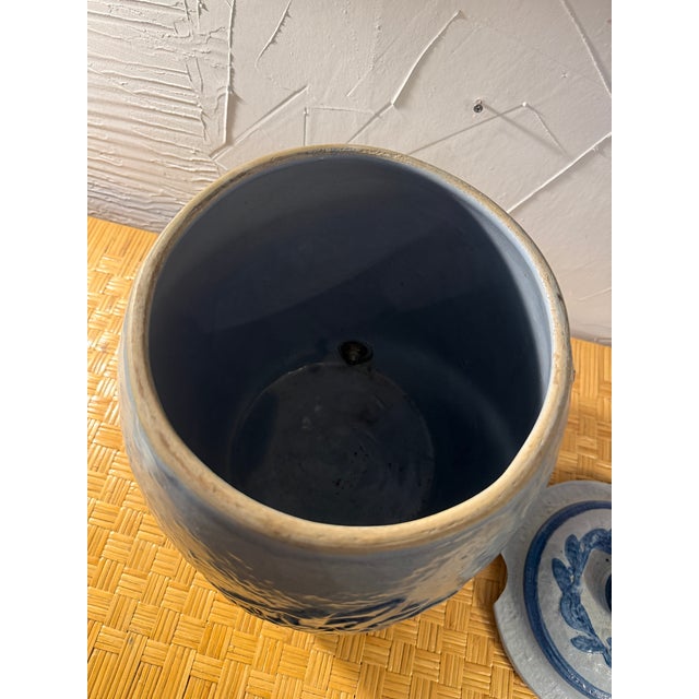 Antique Blue Salt Glazed Stoneware Water Crock With Scene For Sale - Image 9 of 11