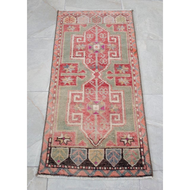 Hand-Knotted Turkish Petite Rug Low Pile Faded Colors DoorMat Yastik Rug - 20'' X 44'' For Sale - Image 11 of 13