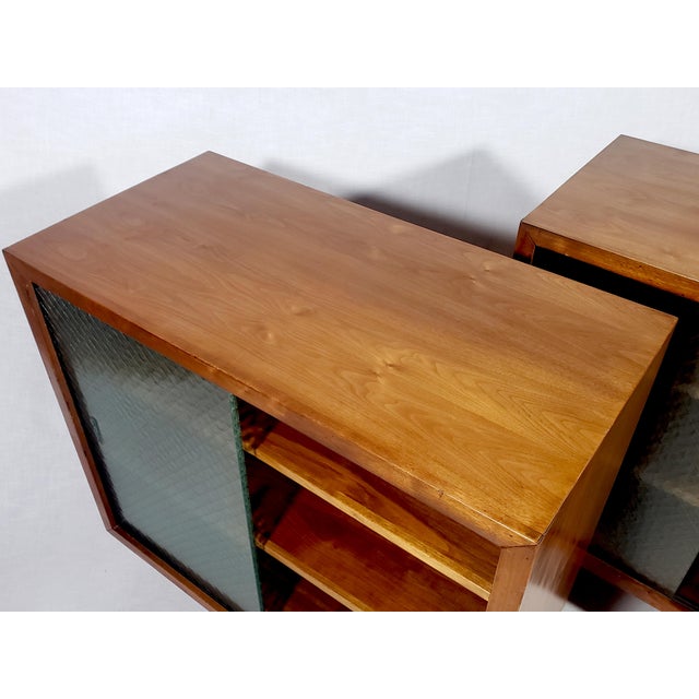 Pair of Vintage Original Mid-Century Modern Walnut Finish All Wood Display Cabinets With Adjustable Shelves and Sliding Wire Glass Doors For Sale - Image 15 of 18