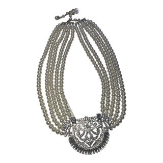 5 Strand Pearl Necklace With Antique Broach For Sale