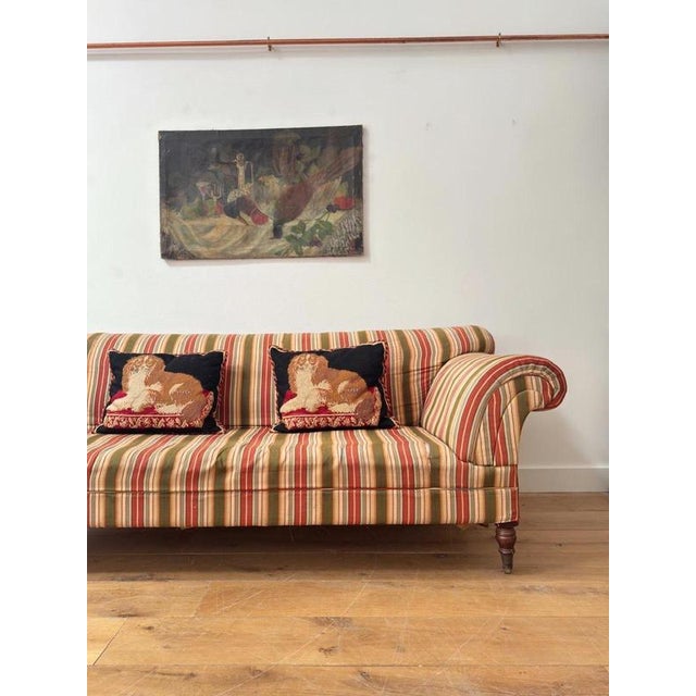 English Country House Deep Striped Scrolling Sofa For Sale - Image 3 of 10