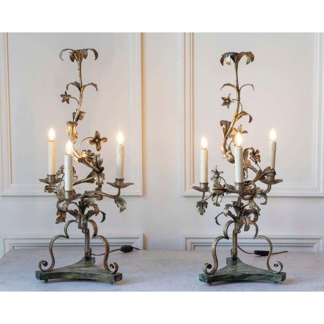 Mid 20th Century Pair Of Italian Candelabra 20th Century Silver-leaf Wrought Iron Foliate Lamps For Sale - Image 5 of 15