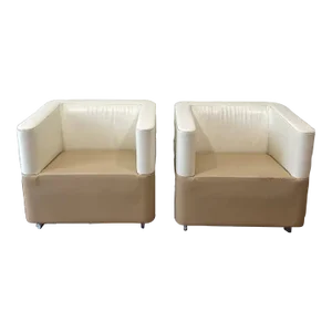 Late 20th Century Mid-Century Modern Pair of Cream and White Club Chairs
