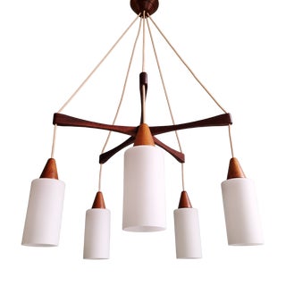 Large Scandinavian Chandelier in Teak and Satin White Opaline Glass, 1960s For Sale