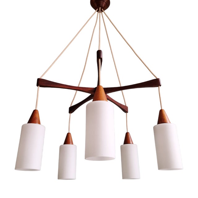 Large Scandinavian Chandelier in Teak and Satin White Opaline Glass, 1960s For Sale