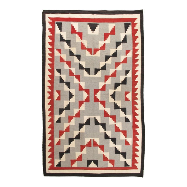 Vintage Navajo Folk Handmade Wool Beige, Gray & Blood Orange Rug For Sale
