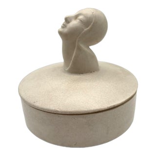 Mid 20th Century Gray Earthenware Ceramic Vanity Powder Box W/ Female Bust Handle For Sale