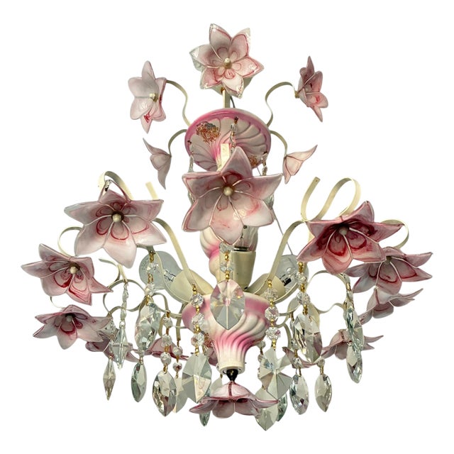 1980s Italian Murano Style Pink Floral Glass Chandelier With Crystals For Sale