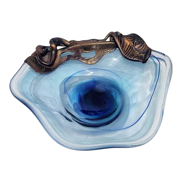 20th Century Modern Filip Ravert Blue Hand-Blown Art Glass and Bronze Overlay Centerpiece Bowl For Sale