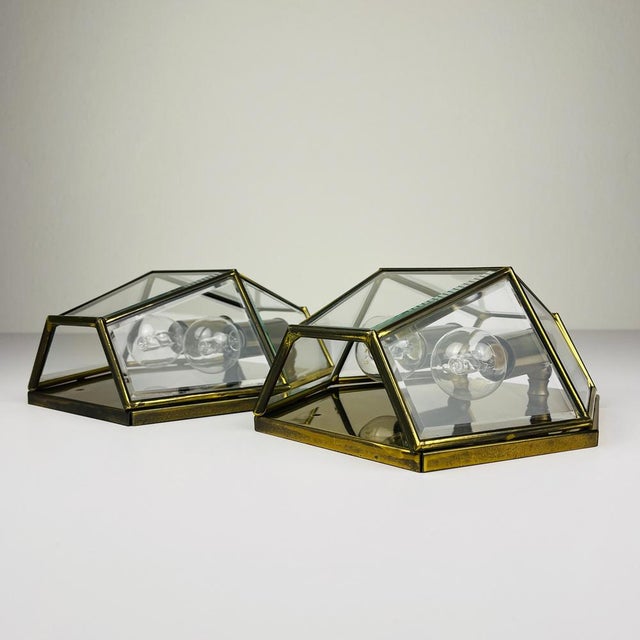 Hexagonal Gold Brass and Crystal Sconces, 1970s, Set of 2 For Sale - Image 12 of 14