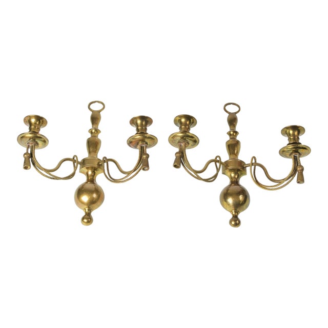 Pair of Hollywood Regency Brass Rope & Tassel Wall Sconces | Double Taper Wall Candle Holders For Sale