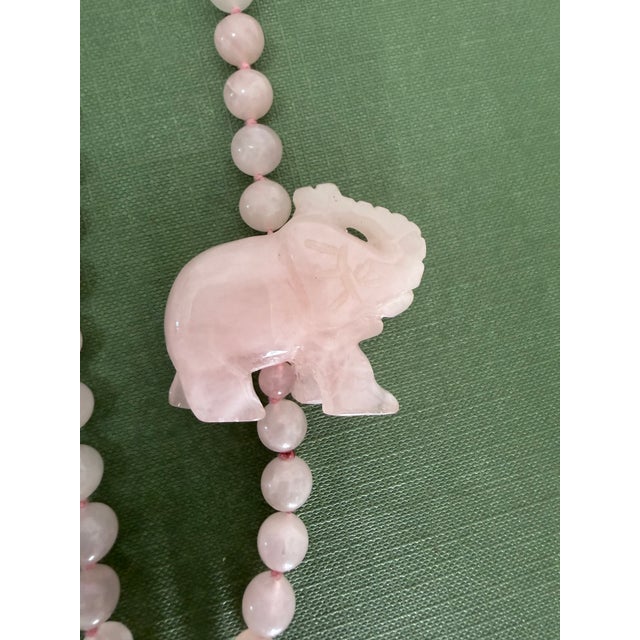 Long Vintage Rose Quartz Knotted Necklace With Carved Elephant For Sale - Image 4 of 5