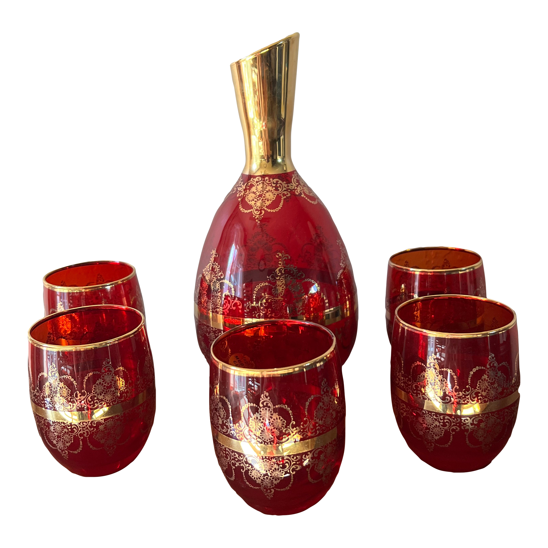 Vintage Laguna Murano Glass Decanter & 5 Glasses – Hand-Blown Ruby