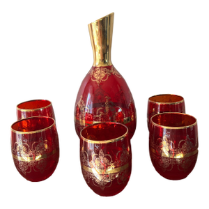 Vintage Laguna Murano Glass Decanter & 5 Glasses – Hand-Blown Ruby Red With 24k Gold – Made in Italy