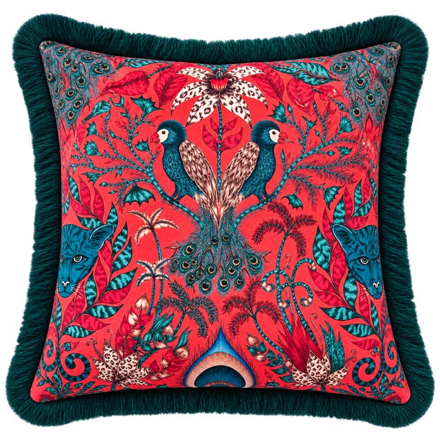 Pair of Bespoke Chippendale/Queen Anne Style Armchairs in Vibrant Red with Exotic Bird & Botanical Velvet Upholstery A...