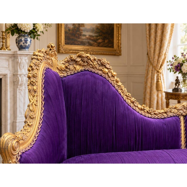 Late 20th Century Late20C Artisan Louis XVI Gold Purple Beech Settee For Sale - Image 5 of 10