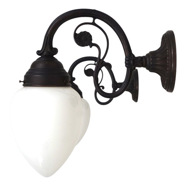 Art Nouveau Brass and Glass Wall Lamps, 1980s, Set of 2 For Sale