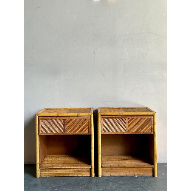 Vintage Boho Chevron Pencil Reed Nightstands - A Pair For Sale - Image 4 of 7