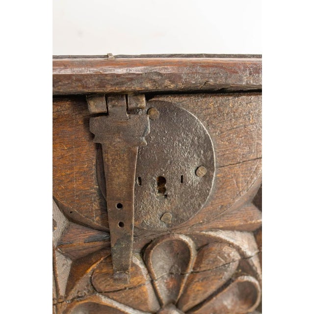 Brown Antique French Rustic Chest in Carved Oak and Wrought Iron, 1900 For Sale - Image 8 of 11