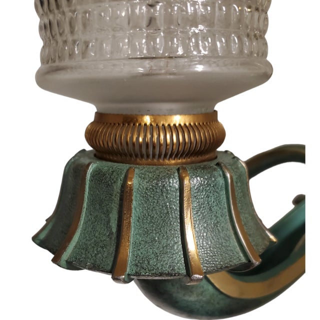 Metal Mid 20th Century Frosted Glass and Bronze Six Arm Chandelier Attrib to Maison Baguès For Sale - Image 7 of 12