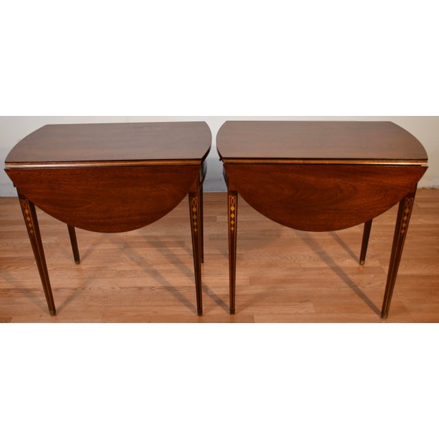 1970 Hickory Furniture English Sheraton Mahogany Inlaid Pembroke Side End Tables For Sale - Image 11 of 16