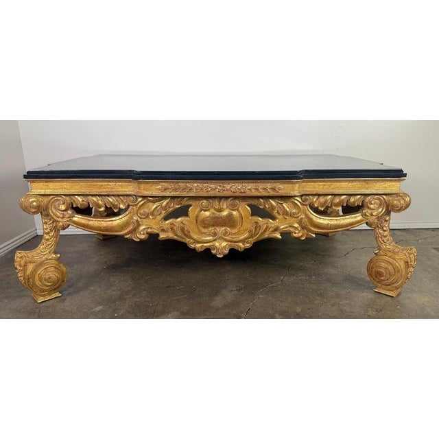 Wood Baroque-Style 22k Gold Leaf Carved Coffee Table With Black Stone Top For Sale - Image 7 of 13