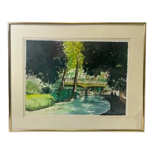 Late 20th Century Watercolor of Idyllic River and Bridge Landscape