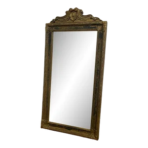 1920s Antique Arched Sculpted Wood Frame Mirror With Floral Etching.